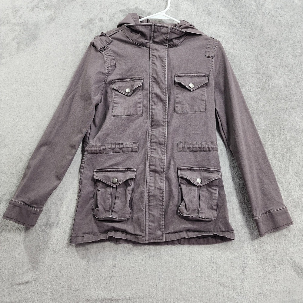 Market & Spruce Jacket Womens S Gray Hooded Utility Twill Zip Pockets Casual